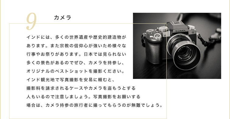 インドには、多くの世界遺産や歴史的建造物があります。また宗教の仰心が強いため様々な行事やお祭りがあります。日本では見られない多くの景色があるのでぜひ、カメラを持参し、オリジナルのベストショットを撮影ください。インド観光地で写真撮影を安易に頼むと、撮影料を請求されるケースやカメラを盗もうとする人もいるので注意しましょう。写真撮影をお願いする場合は、カメラ持参の旅行者に撮ってもらうのが無難でしょう。