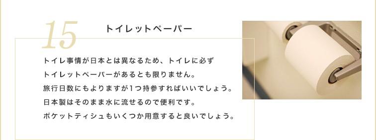 トイレ事情が日本とは異なるため、トイレに必ずトイレットペーパーがあるとも限りません。旅行日数にもよりますが1つ持参すればいいでしょう。 日本製はそのまま水に流せるので便利です。ポケットティシュもいくつか用意すると良いでしょう。