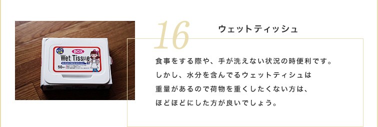 ウェットティッシュは食事をする際や、手が洗えない状況の時便利です。しかし、水分を含んでるウェットティシュは重量があるので荷物を重くしたくない方は、ほどほどにした方が良いでしょう。