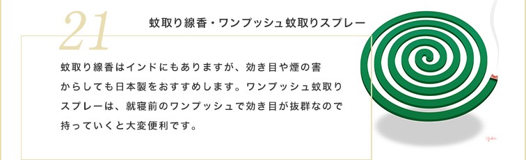 蚊取り線香はインドにもありますが、効き目や煙の害からしても日本製をおすすめします。ワンプッシュ蚊取りスプレーは、就寝前のワンプッシュで効き目が抜群なので持っていくと大変便利です。